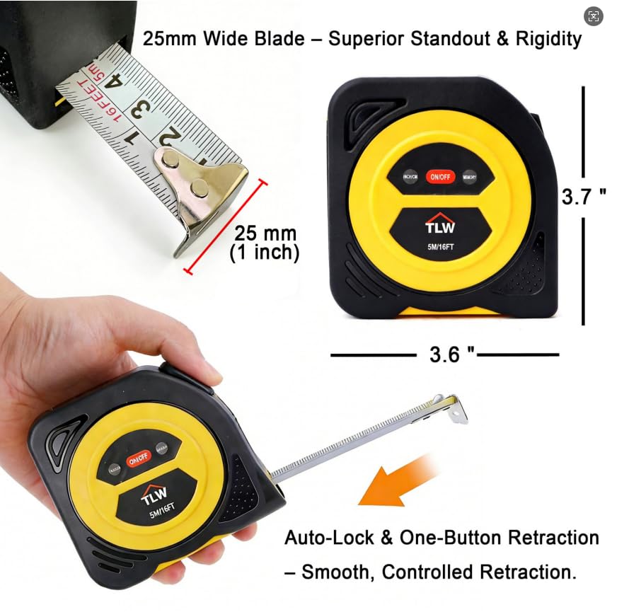 TLW Digital Tape Measure 16ft/5m, 25mm Wide Blade Retractable Measuring Tape with Easy Read LCD Screen