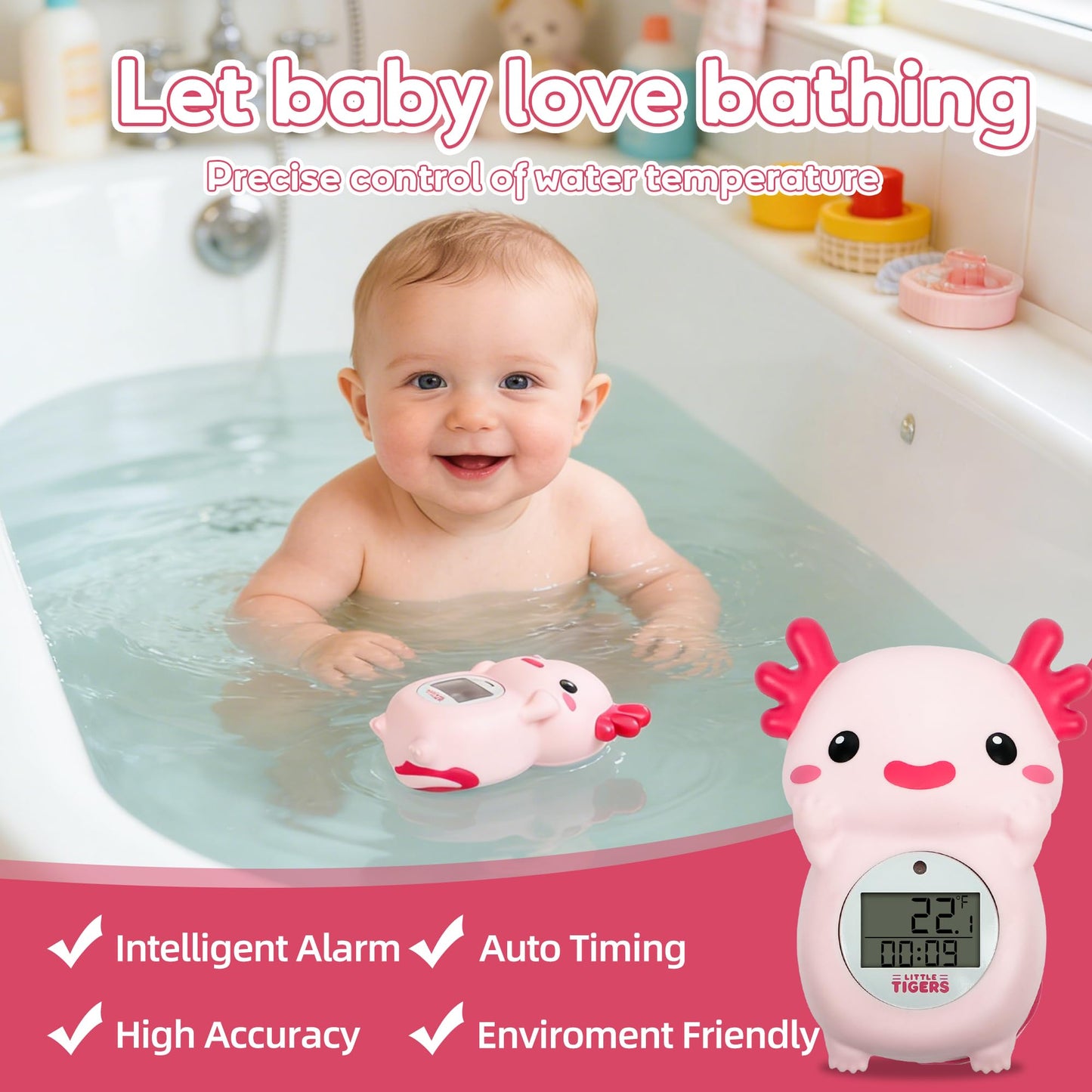 Baby Bath Thermometer, Digital Temperature Water Thermometer - Pink Axolotl with Timer