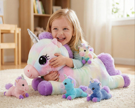 Unicorn Mommy Stuffed Animal with 4 Babies in Tummy