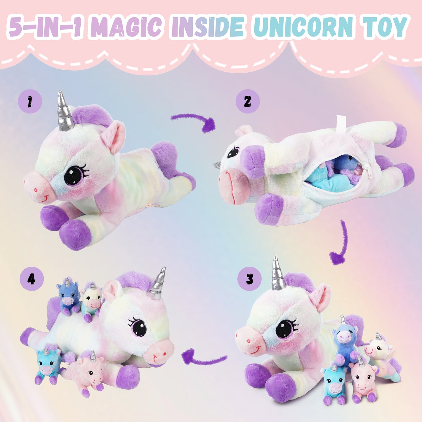 Unicorn Mommy Stuffed Animal with 4 Babies in Tummy