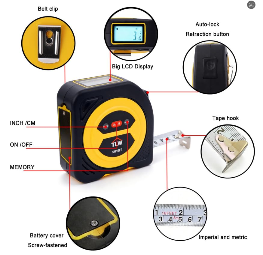 TLW Digital Tape Measure 16ft/5m, 25mm Wide Blade Retractable Measuring Tape with Easy Read LCD Screen