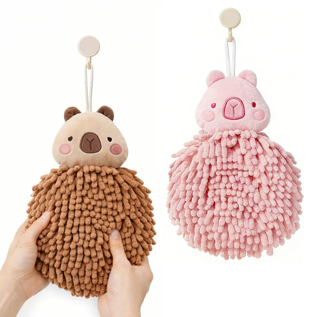 Cute Fluffy Hand Towels Set of 2, Fuzzy Microfiber Quick-Dry Towel Balls with Wall Hooks - Capybara