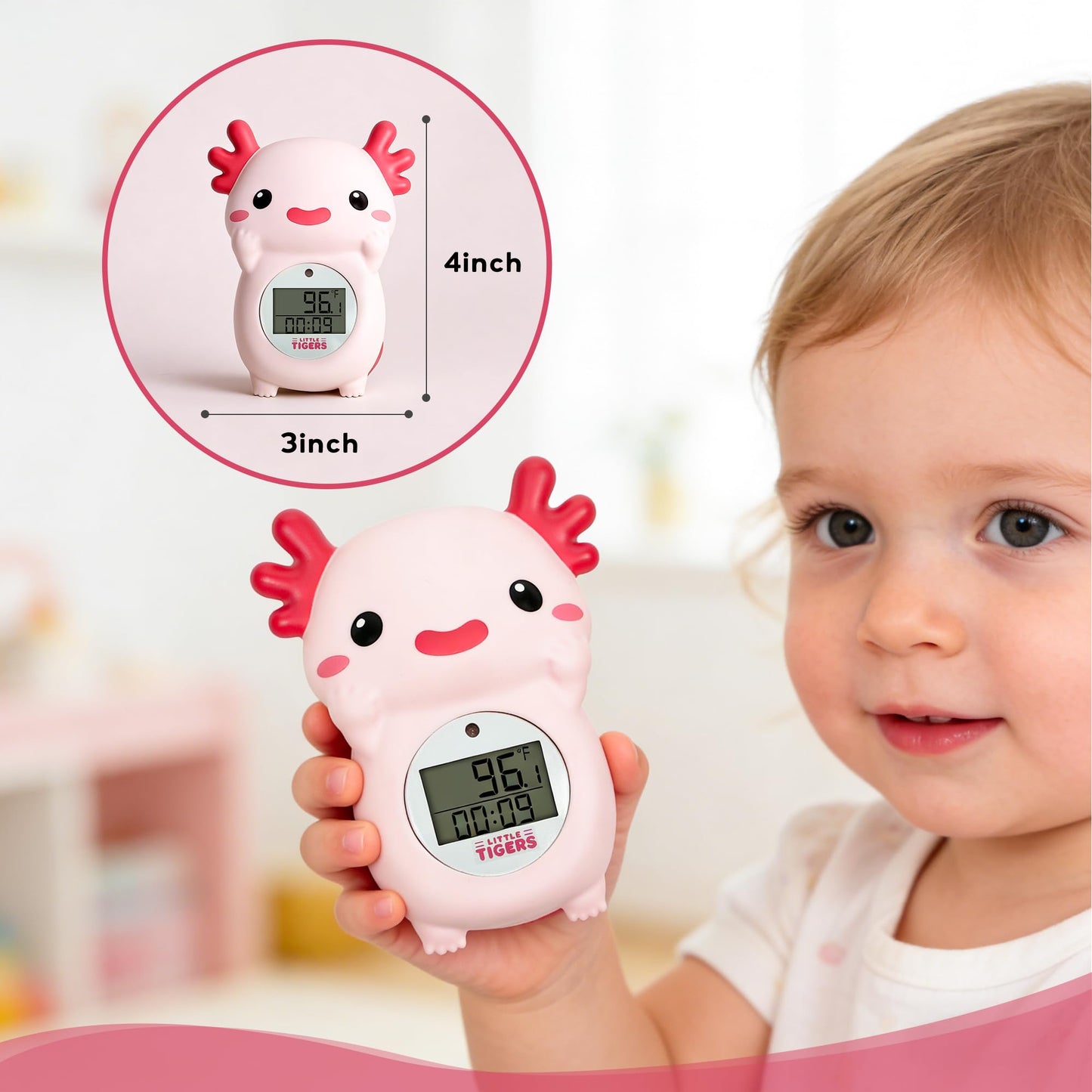 Baby Bath Thermometer, Digital Temperature Water Thermometer - Pink Axolotl with Timer