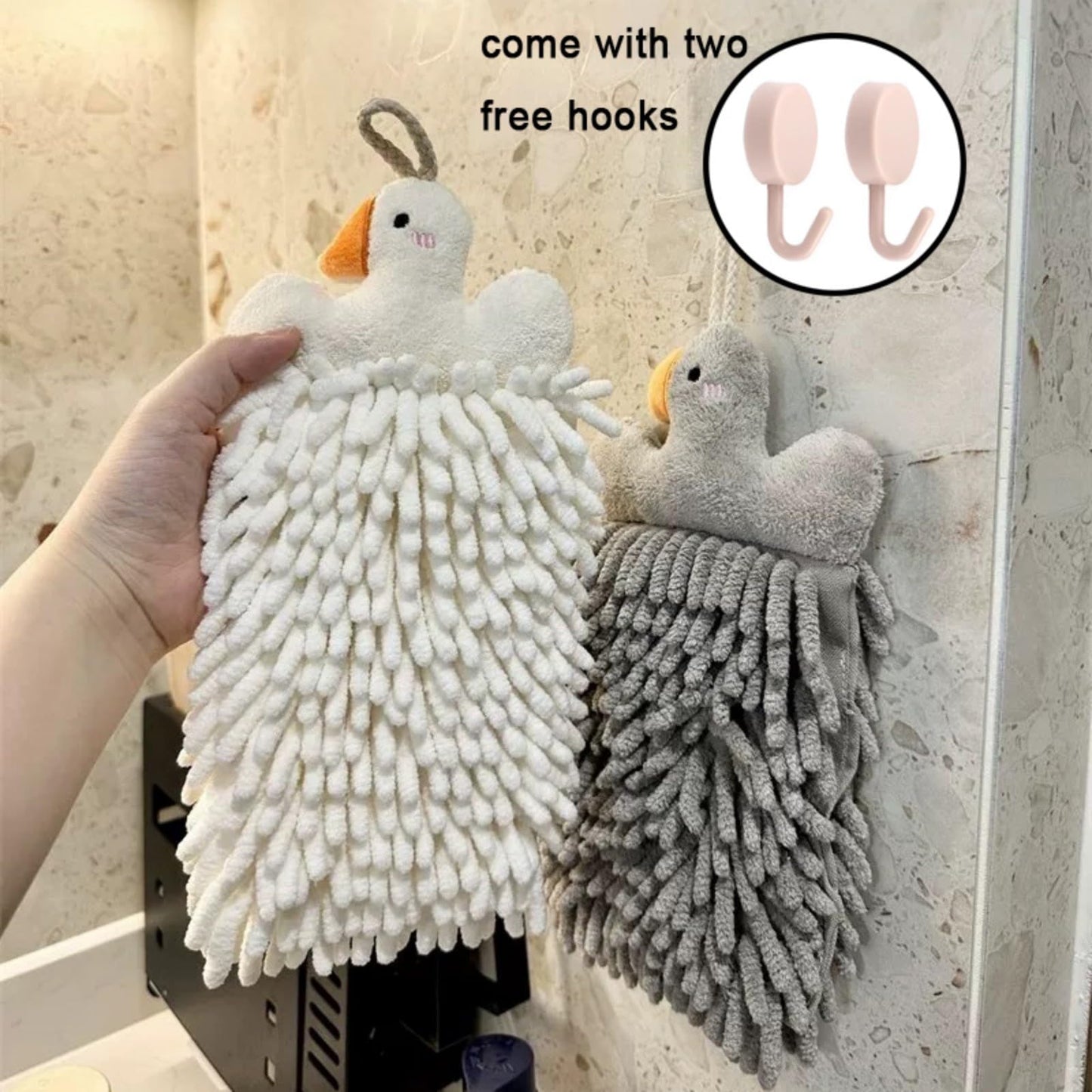 Cute Fluffy Hand Towels Set of 2, Fuzzy Microfiber Quick-Dry Towel Balls with Wall Hooks - Goose