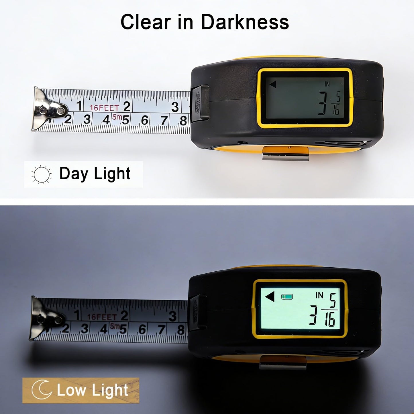 TLW Digital Tape Measure 16ft/5m, 25mm Wide Blade Retractable Measuring Tape with Easy Read LCD Screen