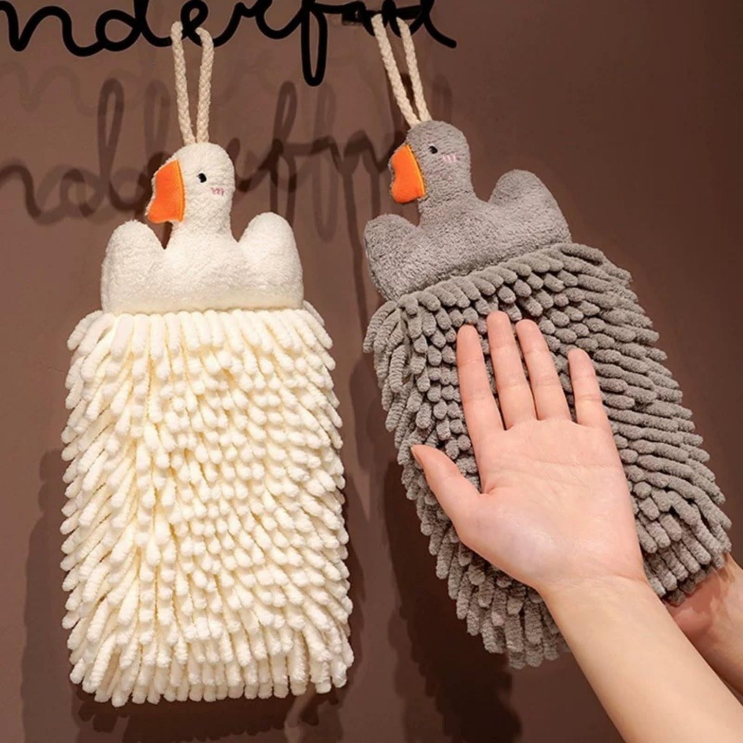 Cute Fluffy Hand Towels Set of 2, Fuzzy Microfiber Quick-Dry Towel Balls with Wall Hooks - Goose