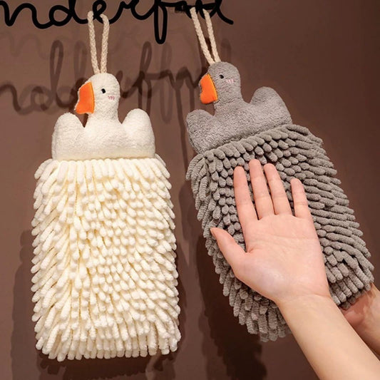 Cute Fluffy Hand Towels Set of 2, Fuzzy Microfiber Quick-Dry Towel Balls with Wall Hooks - Goose