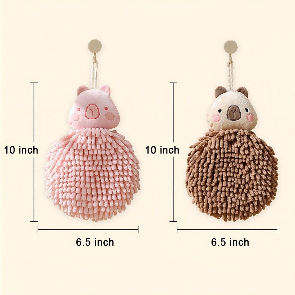 Cute Fluffy Hand Towels Set of 2, Fuzzy Microfiber Quick-Dry Towel Balls with Wall Hooks - Capybara