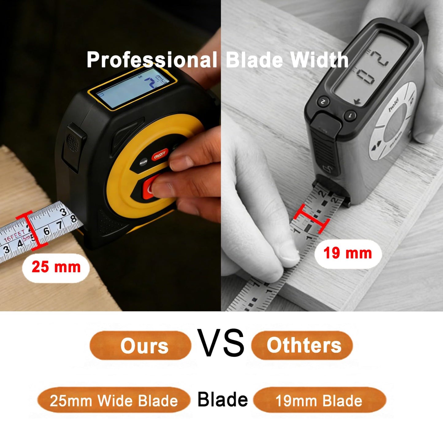 TLW Digital Tape Measure 16ft/5m, 25mm Wide Blade Retractable Measuring Tape with Easy Read LCD Screen