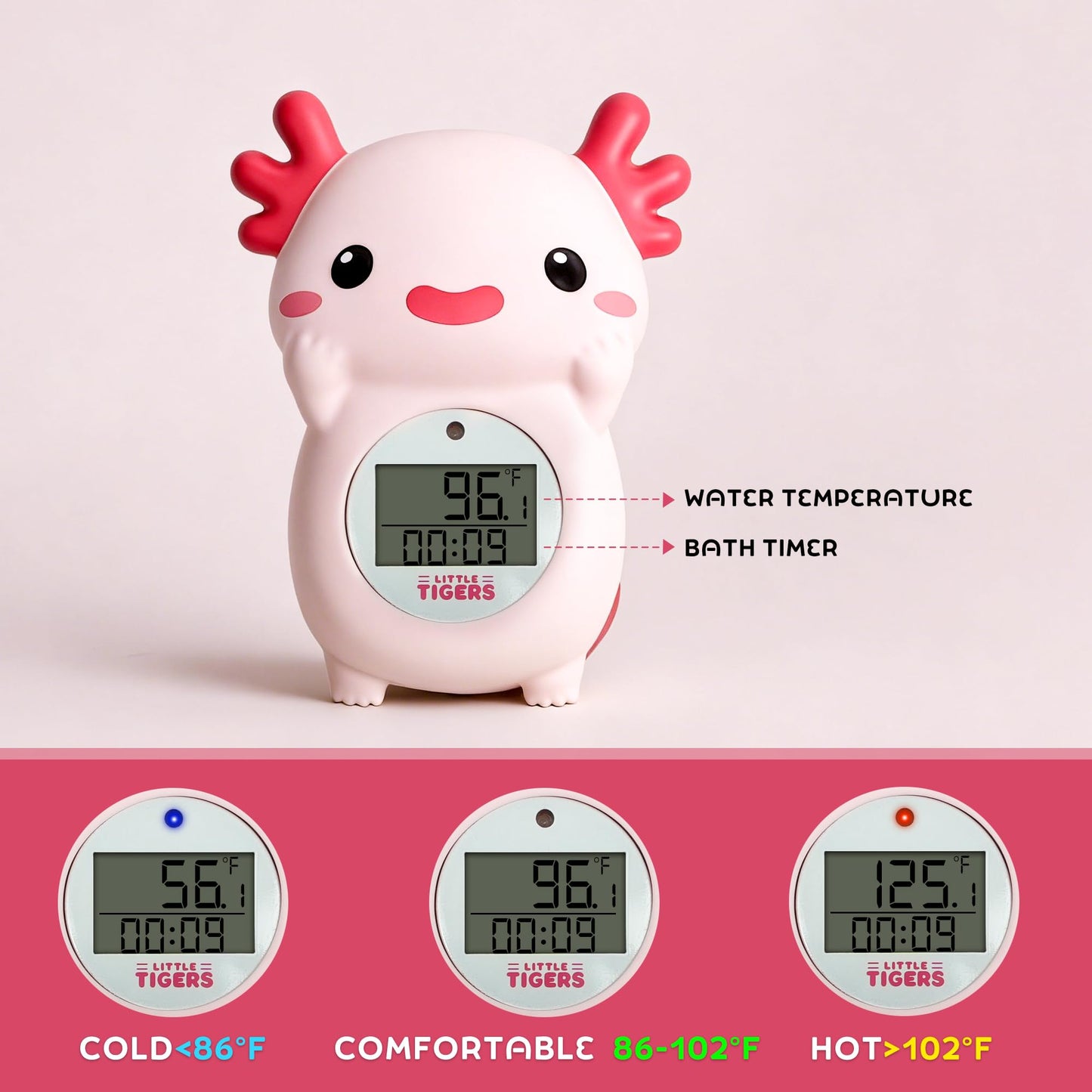Baby Bath Thermometer, Digital Temperature Water Thermometer - Pink Axolotl with Timer