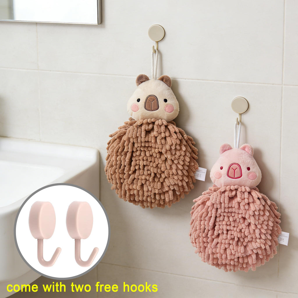 Cute Fluffy Hand Towels Set of 2, Fuzzy Microfiber Quick-Dry Towel Balls with Wall Hooks - Capybara