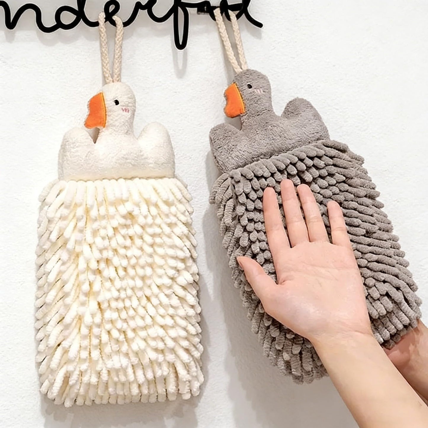 Cute Fluffy Hand Towels Set of 2, Fuzzy Microfiber Quick-Dry Towel Balls with Wall Hooks - Goose