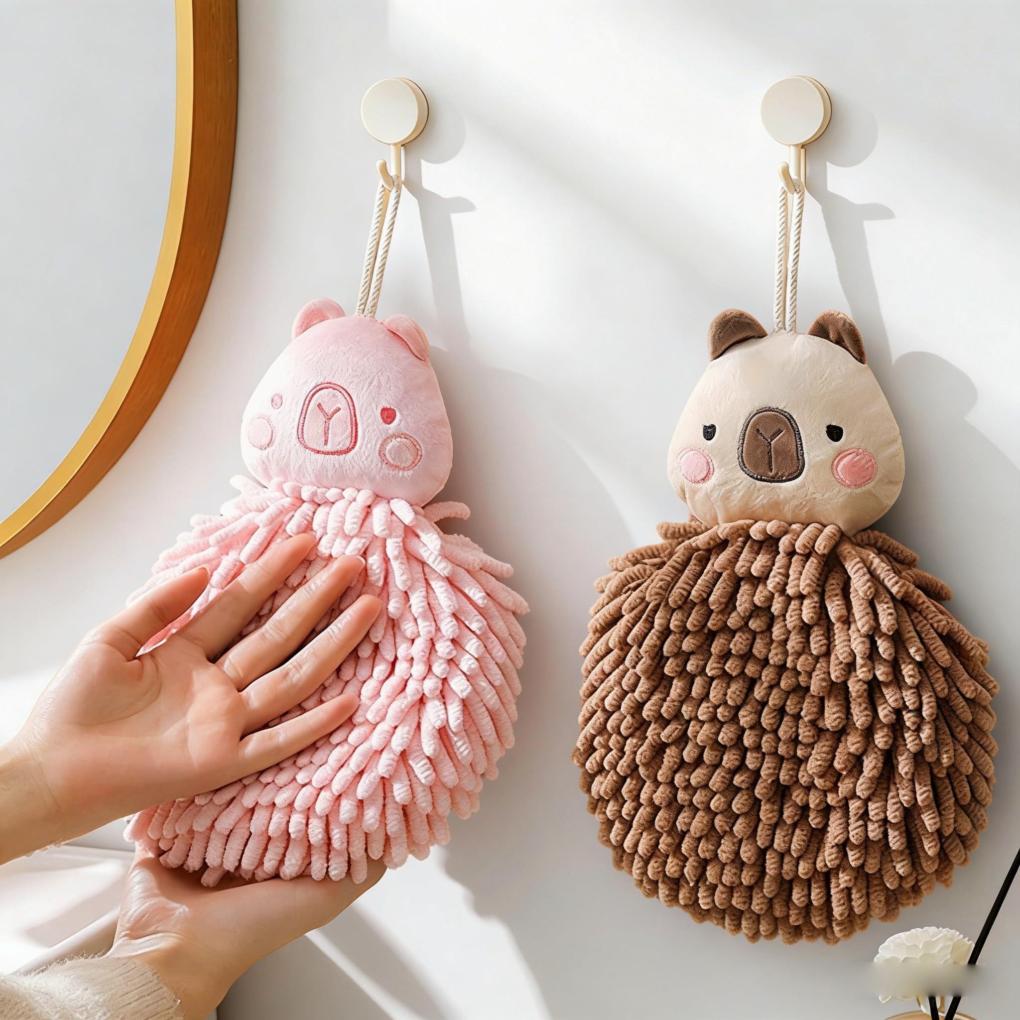 Cute Fluffy Hand Towels Set of 2, Fuzzy Microfiber Quick-Dry Towel Balls with Wall Hooks - Capybara