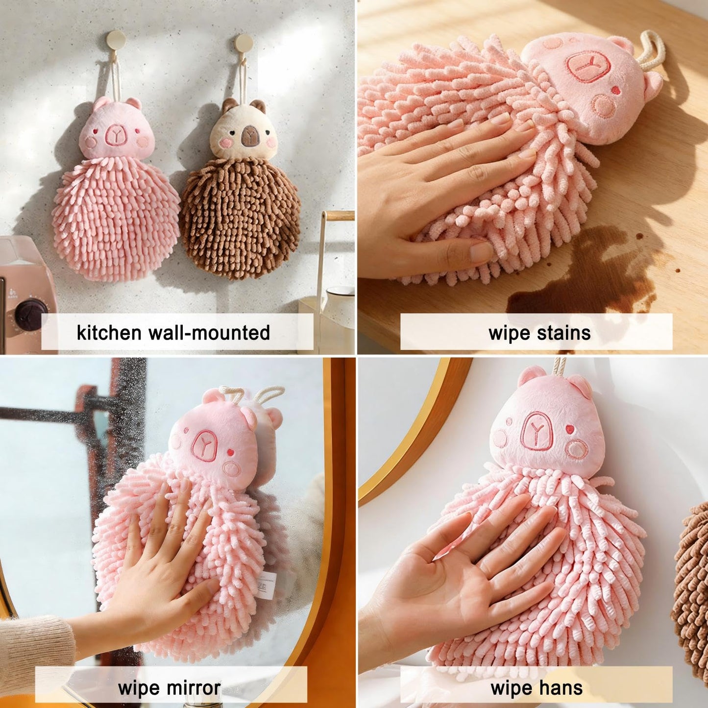 Cute Fluffy Hand Towels Set of 2, Fuzzy Microfiber Quick-Dry Towel Balls with Wall Hooks - Capybara