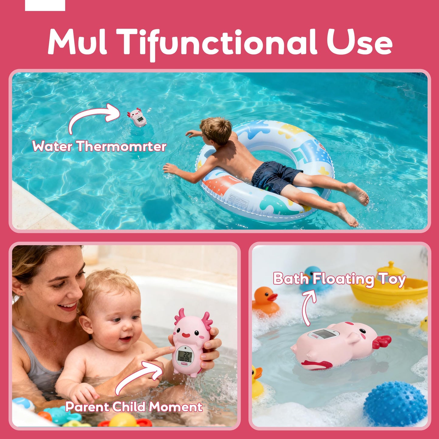 Baby Bath Thermometer, Digital Temperature Water Thermometer - Pink Axolotl with Timer