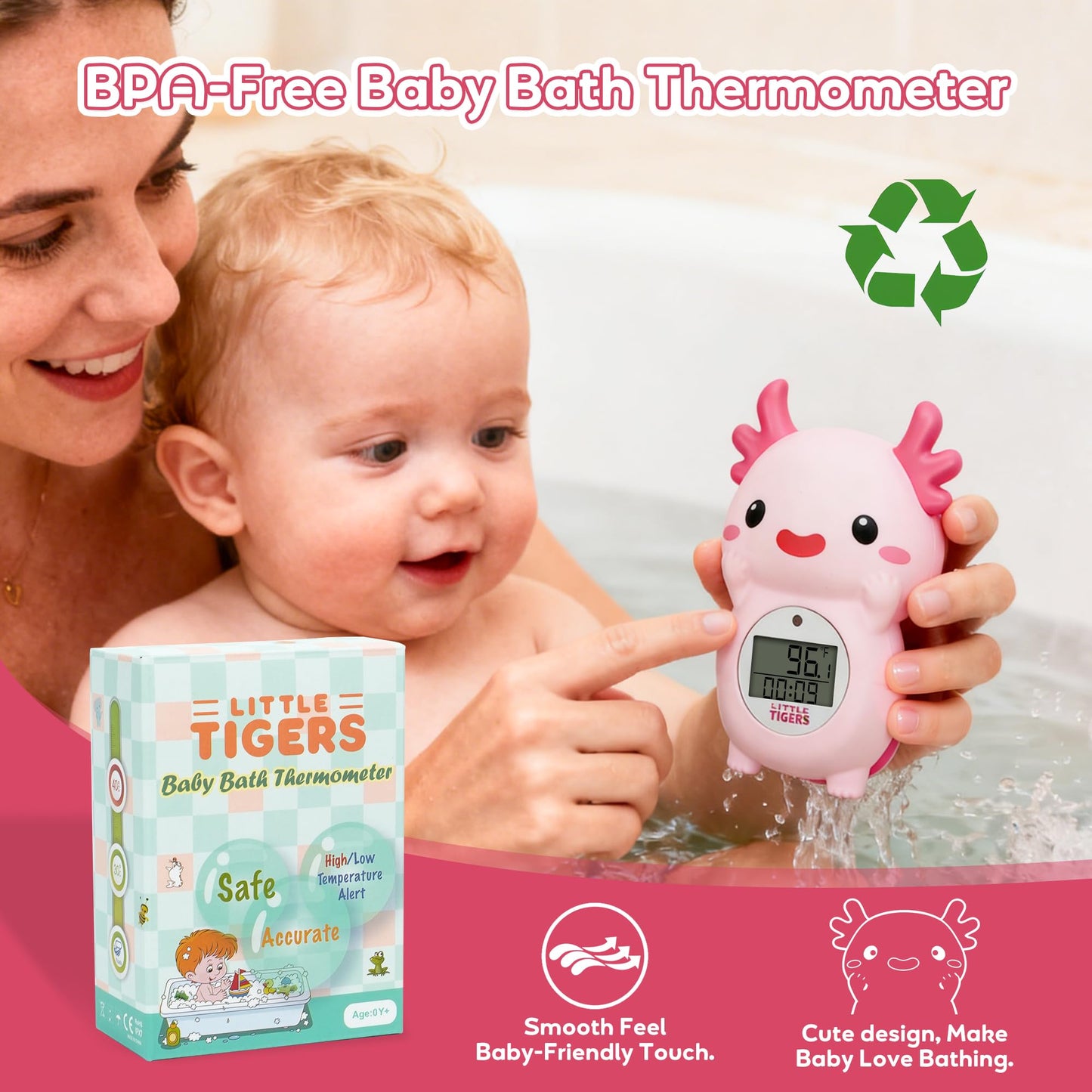 Baby Bath Thermometer, Digital Temperature Water Thermometer - Pink Axolotl with Timer