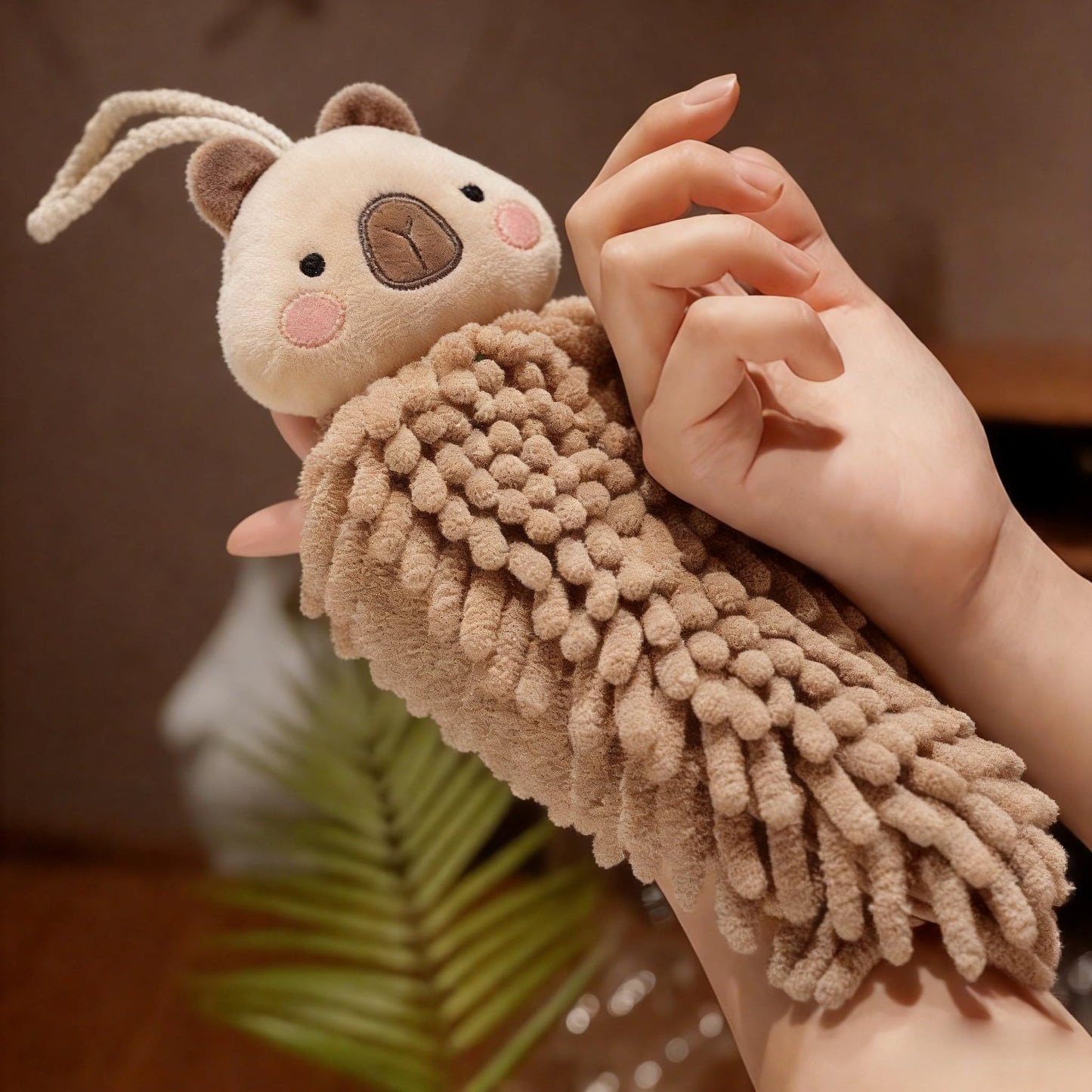 Cute Fluffy Hand Towels Set of 2, Fuzzy Microfiber Quick-Dry Towel Balls with Wall Hooks - Capybara