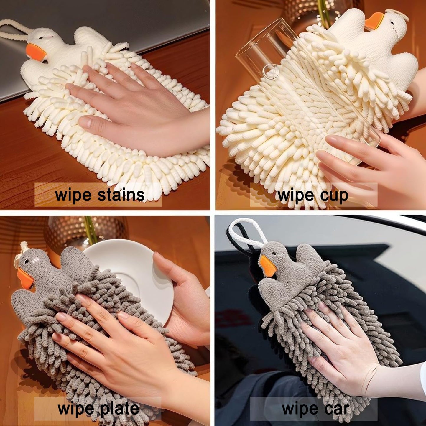 Cute Fluffy Hand Towels Set of 2, Fuzzy Microfiber Quick-Dry Towel Balls with Wall Hooks - Goose