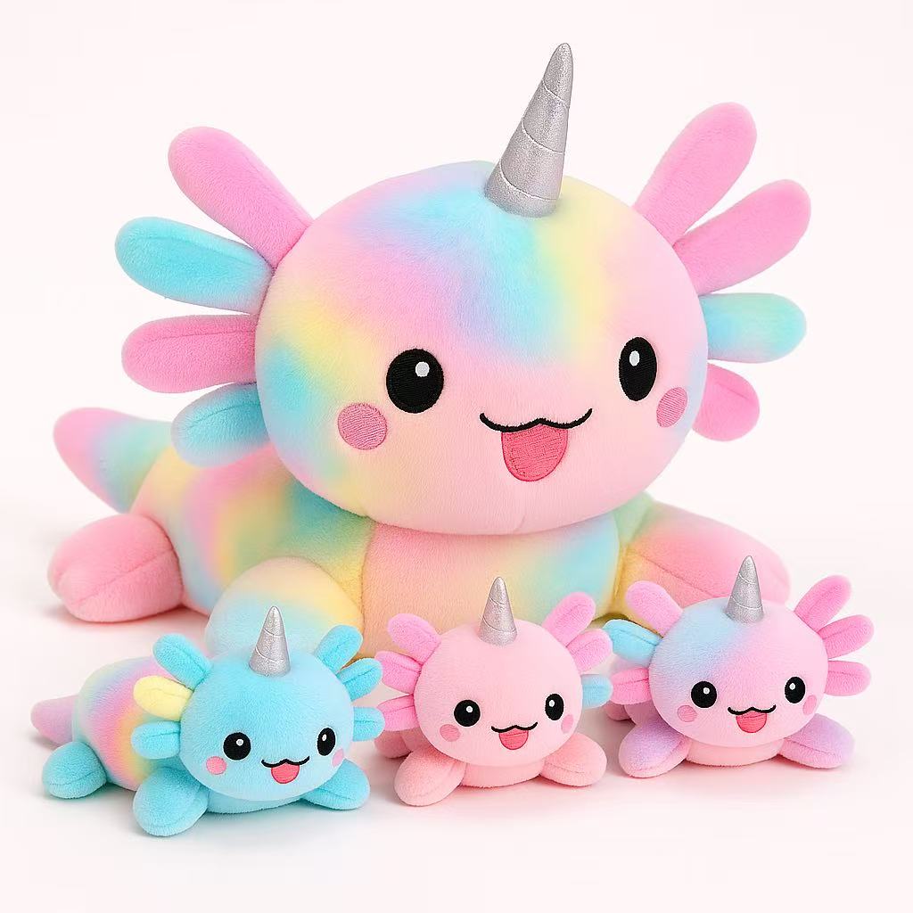 Axolotl Mommy Stuffed Animal with 3 Babies in Tummy, Rainbow Axolotl Plush Toy